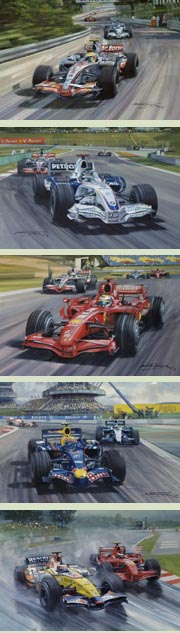 F1 Grand Prix cards featuring Hamilton, Massa, Heidfeld, Webber and Kovalainen - Motorsport Art by Michael Turner