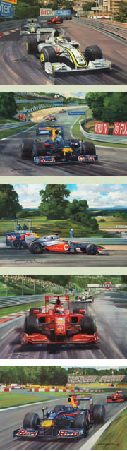 F1 Grand Prix cards featuring Button, Vettel, Hamilton, Raikkonen and Webber - Motorsport Art by Michael Turner