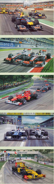 F1 Grand Prix cards featuring Hamilton, Button, Alonso, Kubica and Barrichello - from motorsport paintings by Michael Turner