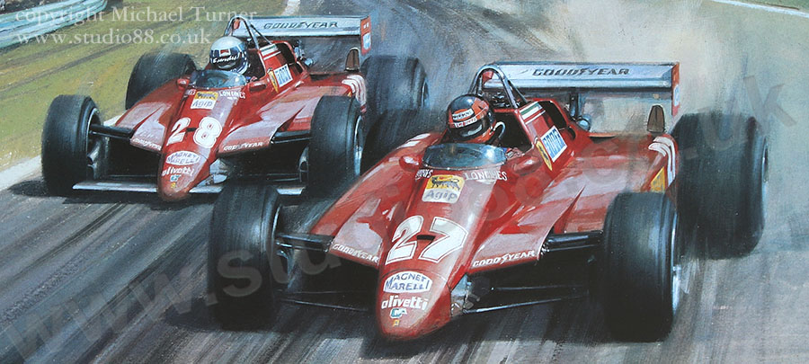 Gilles Villeneuve, Ferrari, 1982 San Marino Grand Prix - Detail from print by Michael Turner