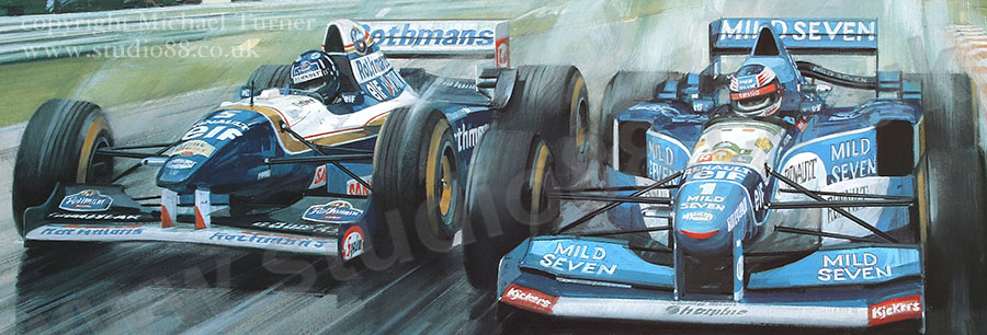 Damon Hill and Michael Schumacher, 1995 Belgian Grand Prix - Detail from print by Michael Turner
