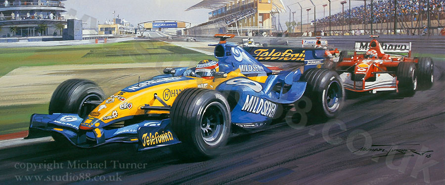 Detail from painting by Michael Turner of 2005 Bahrain Grand Prix, Fernando Alonso, Renault