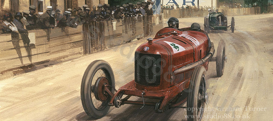 Detail from print of Campari in the winning Alfa Romeo P2 during the 1924 French Grand Prix
