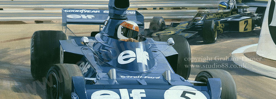 Detail from print of Jackie Stewart in the Tyrrell at the 1973 Monaco Grand Prix