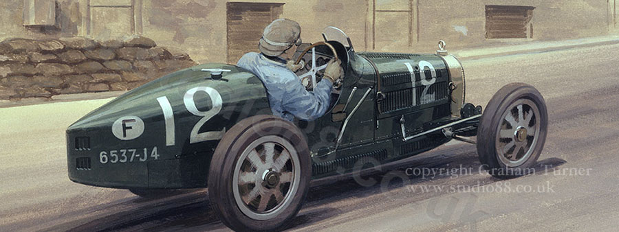 Detail from print of Williams in his winning Bugatti during the 1929 Monaco Grand Prix