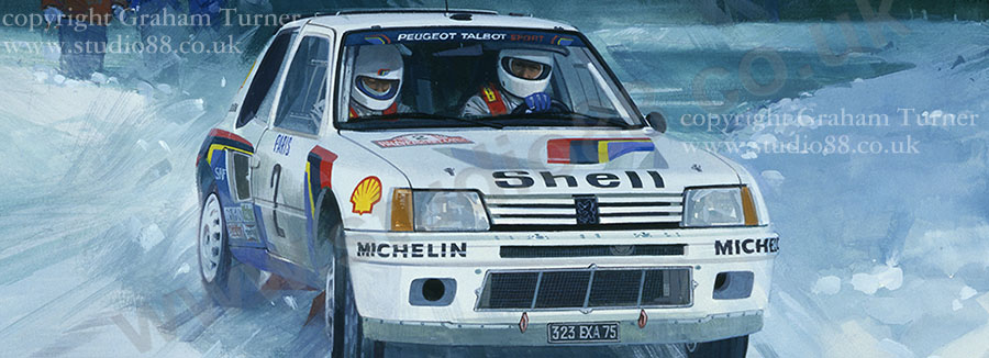 Detail from print of Ari Vatenen, Peugeot 205 T16, 1985 Monte Carlo Rally, by Graham Turner