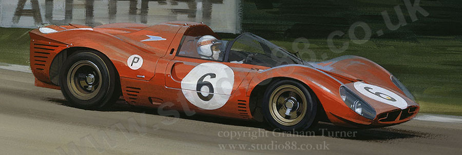 Detail from print of Jackie Stewart, Ferrari 330 P4, 1967 Brands Hatch