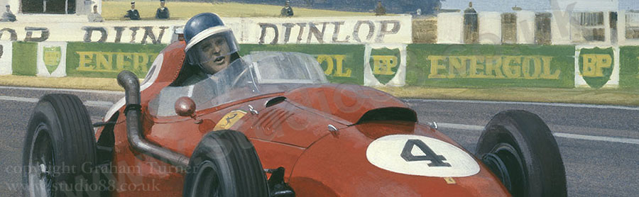 Detail from print by Graham Turner of the 1958 French Grand Prix, Mike Hawthorn, Ferrari