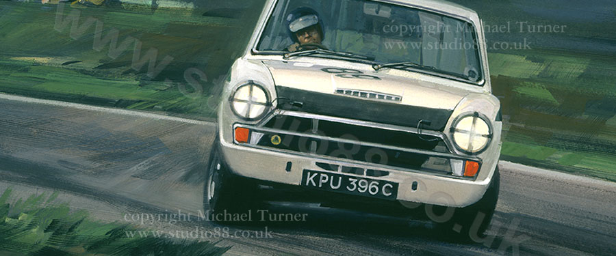 Detail from print of Jim Clark in Lotus Cortina by Michael Turner