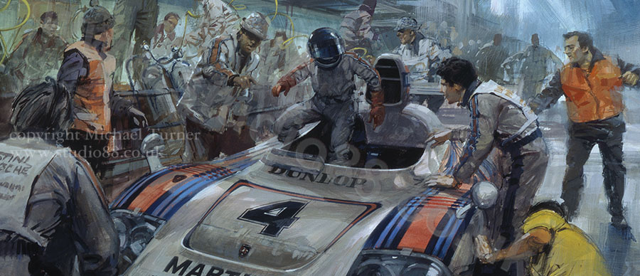 Detail from print of Porsche pitstop at 1977 Le Mans by Michael Turner
