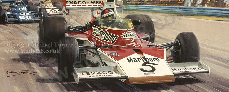 Detail from print of Emerson Fittipaldi, McLaren, 1974 United States Grand Prix, by Michael Turner