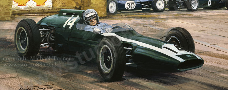 Detail from print of Bruce McLaren, Cooper, 1962 Monaco Grand Prix, by Michael Turner
