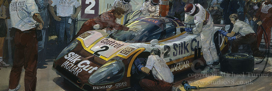Detail from print of Jaguar pitstop at 1988 Le Mans by Michael Turner