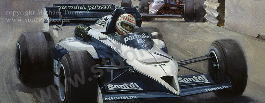 Detail from print of Nelson Piquet, Brabham, 1984 Detroit Grand Prix, by Michael Turner