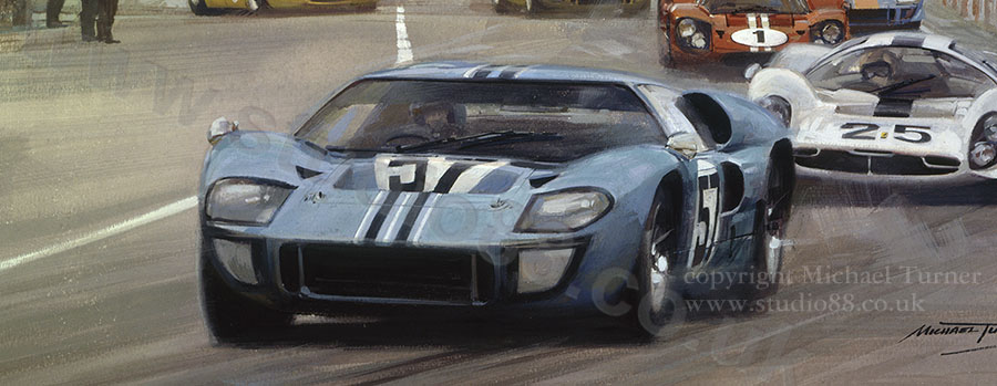 Detail from print of 1967 Le Mans start by Michael Turner