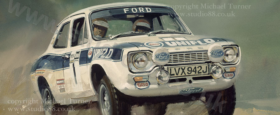 Detail from print of Roger Clark, Ford Escort, 1973 Welsh International Rally, by Michael Turner
