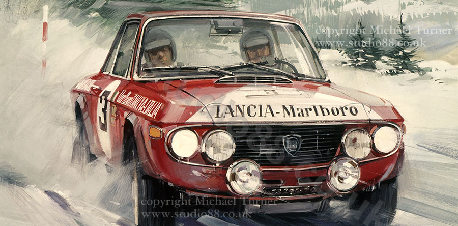 Detail from print of Harry Kallstrom, Lancia Fulvia, 1973 Swedish Rally, by Michael Turner
