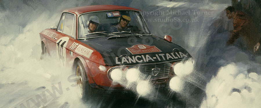 Detail from print of Munari, Lancia Fulvia, 1972 Monte Carlo Rally, by Michael Turner