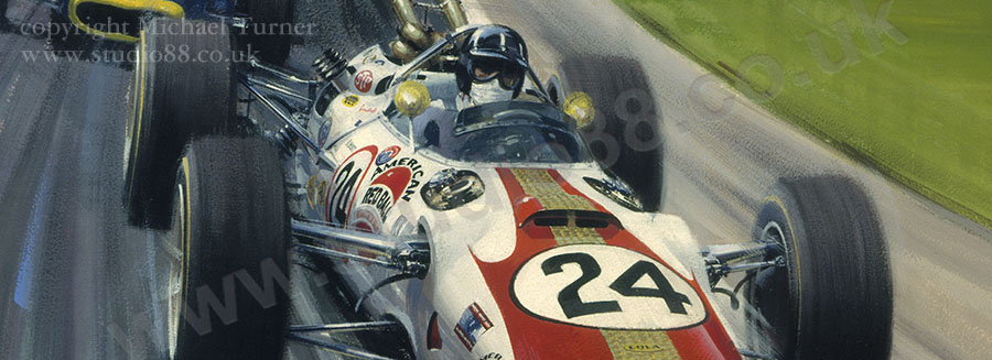 Detail from print of Graham Hill, 1966 Indianapolis 500, by Michael Turner