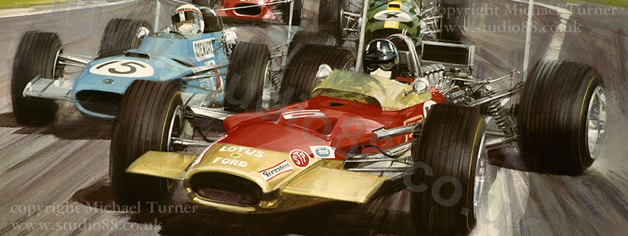 Detail from print of Graham Hill, Lotus 49, 1968 Mexican Grand Prix, by Michael Turner