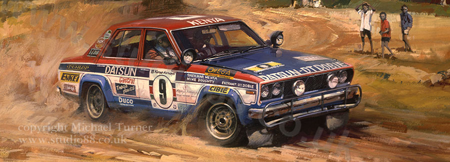 Detail from print of Shekhar Mehta, Datsun, 1979 Safari Rally, by Michael Turner