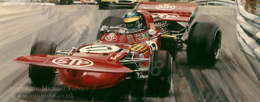 Detail from print of Ronnie Peterson, March, 1971 Monaco Grand Prix, by Michael Turner