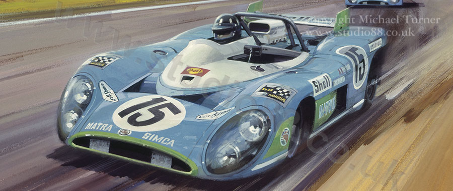 Detail from print of winning Matra at 1972 Le Mans by Michael Turner