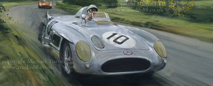 Detail from print of Moss Mercedes at 1955 Dundrod TT by Michael Turner