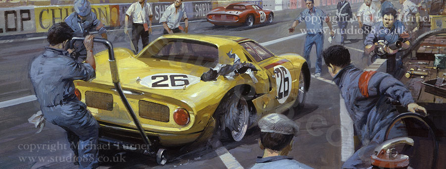 Detail from print of Ferrari pitstop at 1965 Le Mans by Michael Turner
