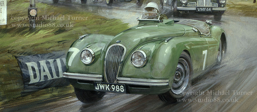 Detail from print of Moss Jaguar XK120 at 1950 Dundrod TT by Michael Turner