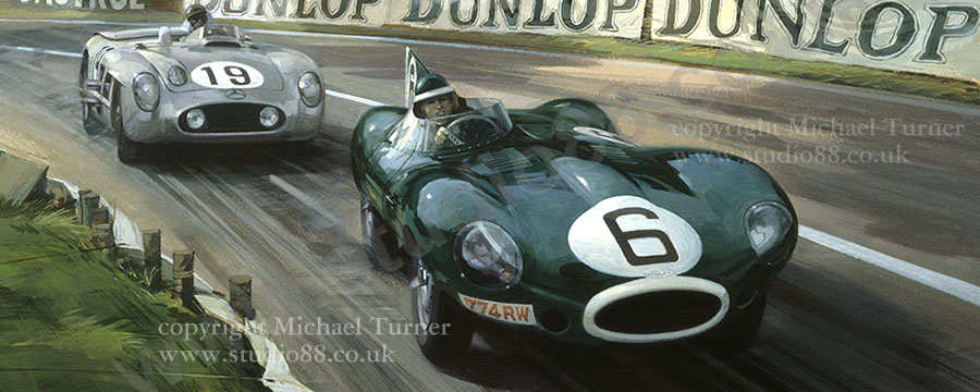 Detail from print of Hawthorn Jaguar at 1955 Le Mans by Michael Turner