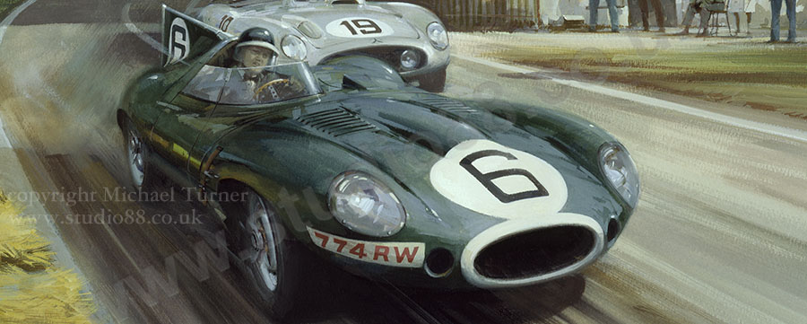 Detail from print of Mike Hawthorn Jaguar at 1955 Le Mans by Michael Turner