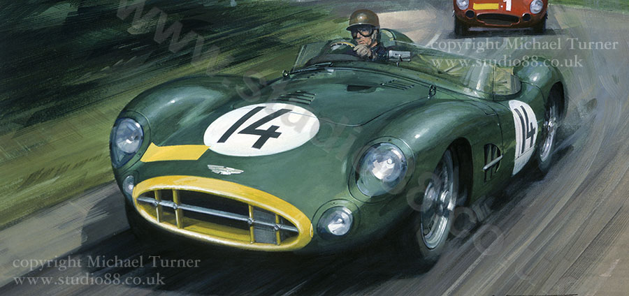Detail from print of Tony Brooks in Aston Martin DBR1 by Michael Turner