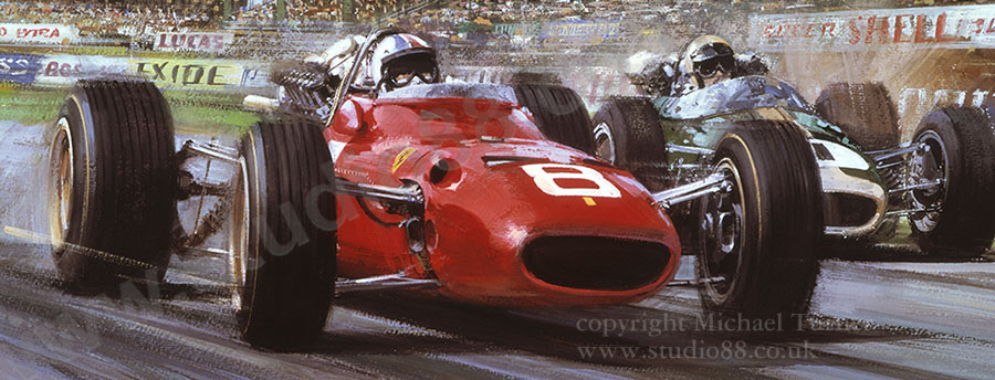 Detail from print of Chris Amon, Ferrari, 1967 British Grand Prix, by Michael Turner