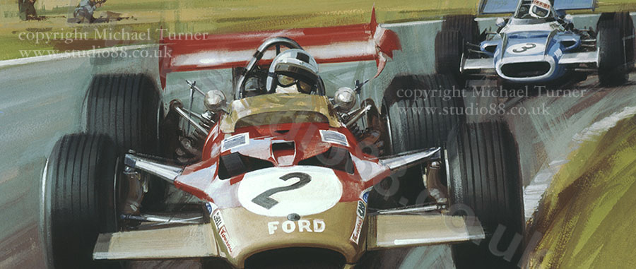 Detail from print of Jochen Rindt, Lotus 49, 1969 British Grand Prix, by Michael Turner
