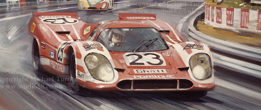 Detail from print of winning Porsche at 1970 Le Mans by Michael Turner