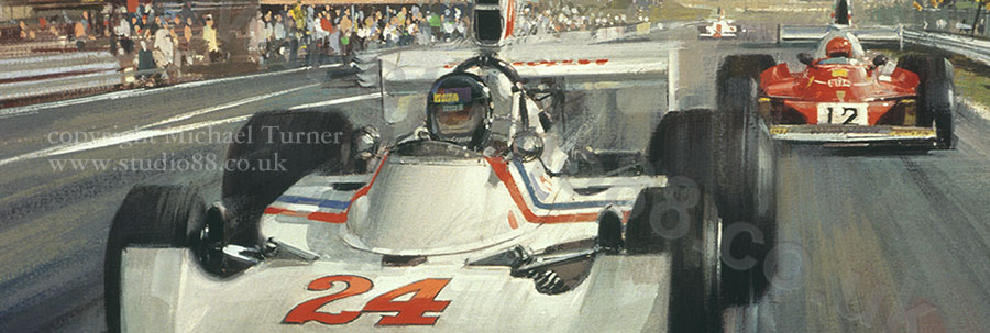 Detail from print of James Hunt, Hesketh, 1975 Dutch Grand Prix, by Michael Turner