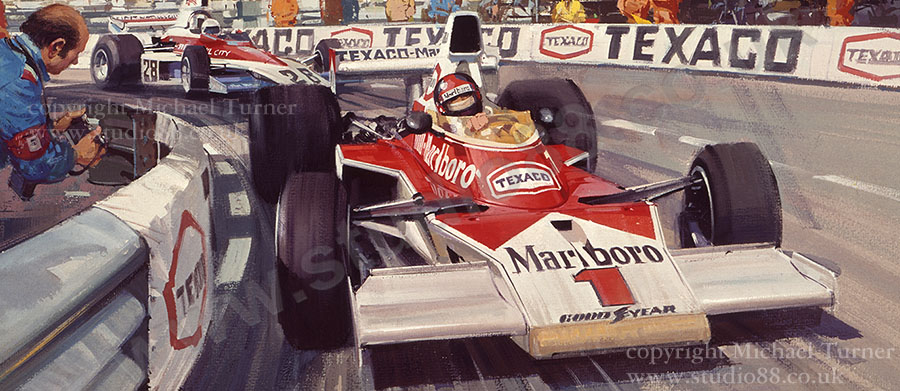 Detail from print of Emerson Fittipaldi, McLaren, 1975 Monaco Grand Prix, by Michael Turner