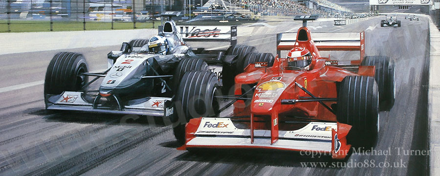 Detail from Return to America by Michael Turner - Michael Schumacher, Ferrari, 2000 US Grand Prix