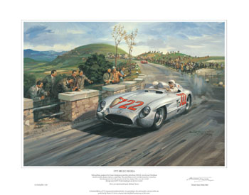 Stirling Moss, Mercedes, 1955 Mille Miglia - signed art print by Michael Turner