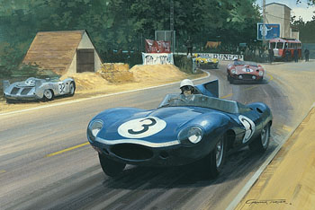 1957 Le Mans, Jaguar D-type - Classic Sports Racing Car Greeting Cards from a motorsport painting by Graham Turner