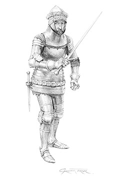 Print from pencil drawing of English knight at Agincourt