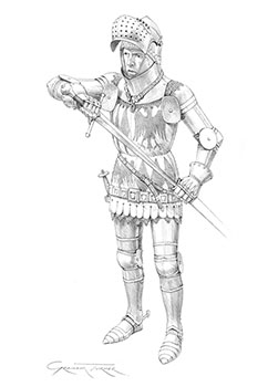 Print from pencil drawing of the Earl of Salisbury at Agincourt