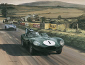 Mike Hawthorn, Jaguar D type, 1955 Dundrod TT - Classic motorsport art print by Graham Turner