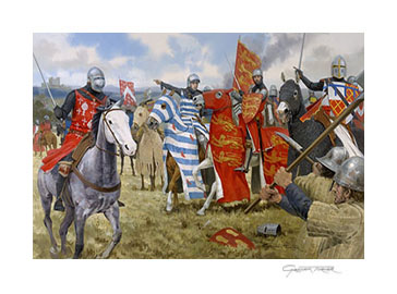 Edward II is urged to leave the battlefield at Bannockburn - print from a painting by Graham Turner