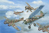 Original Painting by Graham Turner GAvA of PZL fighters engaging SM 79 and Fiat CR42